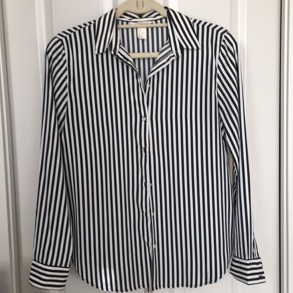 Black and White Stripped Button Down Blouse - Picture 1 of 6